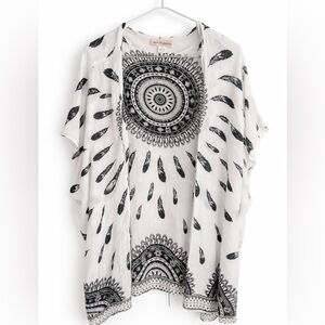 Band of Gypsies Print Chiffon Kimono Boho Mandala Feather Open Front Top sz S